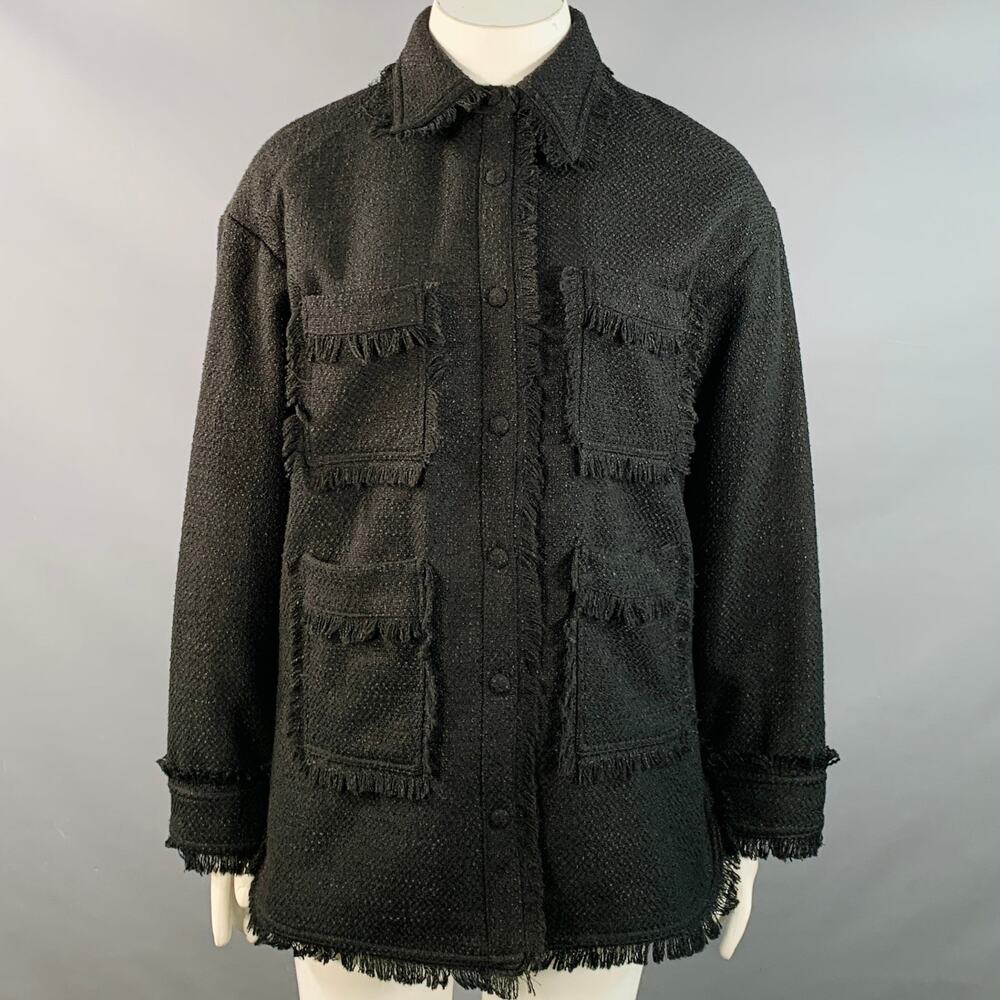 APPARIS Size XL Black Polyester Tweed Patch Pockets Fringed Coat